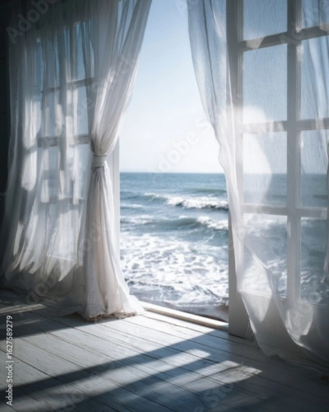 Obraz An airy curtain sways in the ocean breeze, capturing the clean, relaxed essence of a seaside morning.