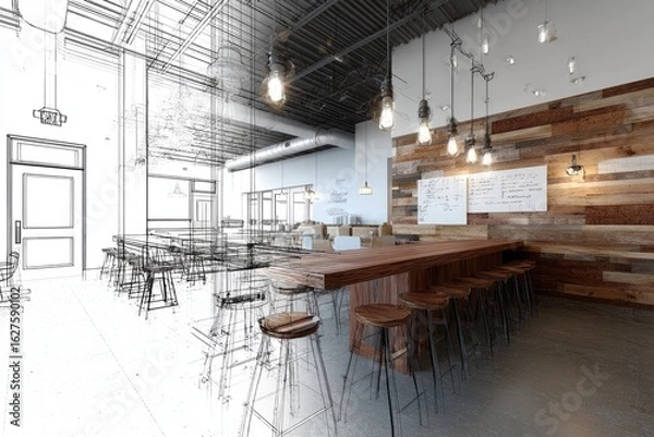 Fototapeta Restaurant interior design, showing both a blueprint and rendered view.