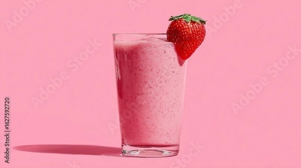 Obraz Refreshing pink strawberry smoothie in glass against vibrant pink background