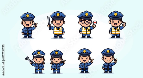 Fototapeta Cute police officer character mascot collection. Set of cartoon cops in uniform with various poses and equipment.