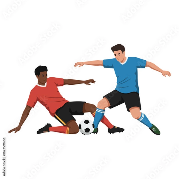Obraz Intense soccer competition with two diverse players in action, one executing a slide tackle to win the ball.