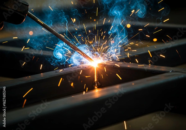 Fototapeta Close-up view of a worker's hands assembling metal beams with tools.