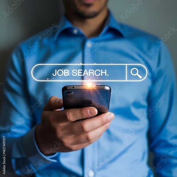 Fototapeta Man using smartphone for job search online, browsing career opportunities and recruitment applications with digital technology
