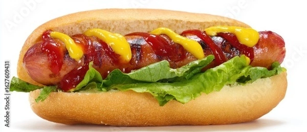 Fototapeta The delicious hotdog with classic condiments and fresh lettuce in a bun.