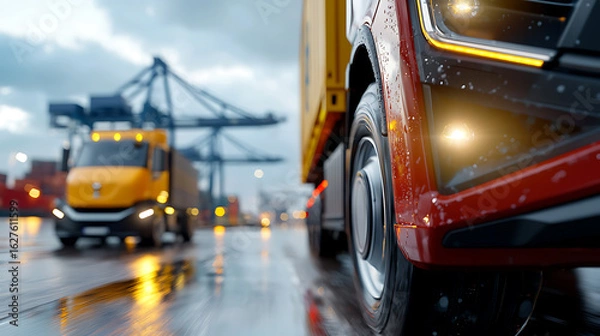 Obraz Trucks navigating busy port maritime logistics hub industrial setting rainy conditions close-up view transportation efficiency