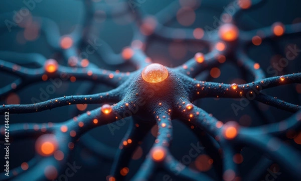 Fototapeta Close-up of a glowing neuron with orange energy sparks