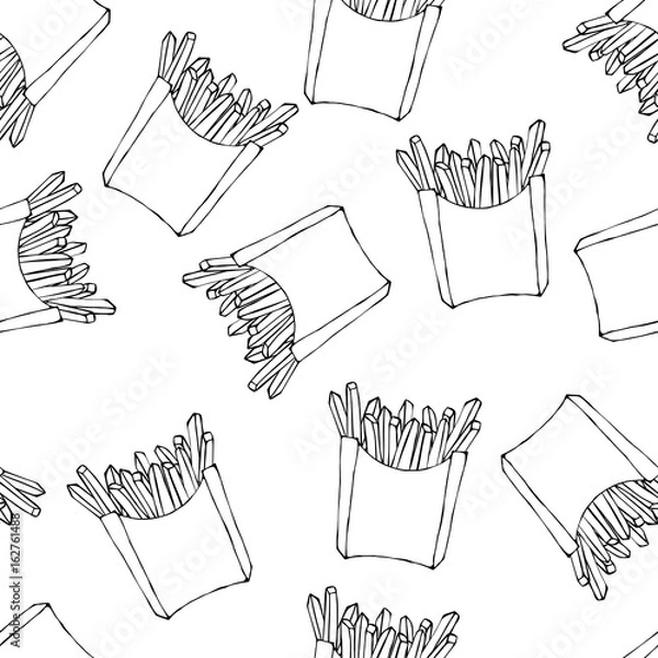 Fototapeta Crispy french fries seamless pattern with paper boxes of fried potato. Vector Illustration Isolated On a White Background. Realistic Hand Drawn Doodle Style Sketch.