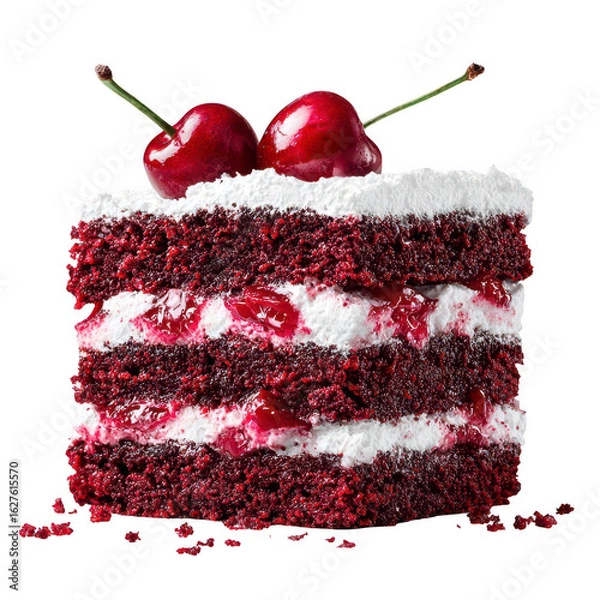 Fototapeta Red velvet cake slice topped with cherries