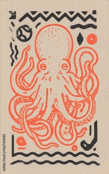 Fototapeta graphic octopus illustration red and black linocut print