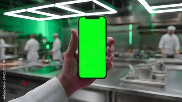 Obraz Chef Holding Mobile Phone with Green Screen Mockup in a Professional Kitchen