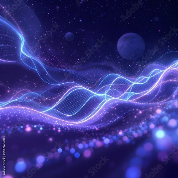 Fototapeta Futuristic Abstract Waves in Deep Space with Glowing Light Particles and Grid Lines