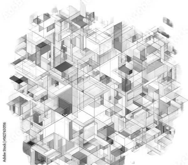 Fototapeta Abstract, complex, 3D geometric shapes in grayscale