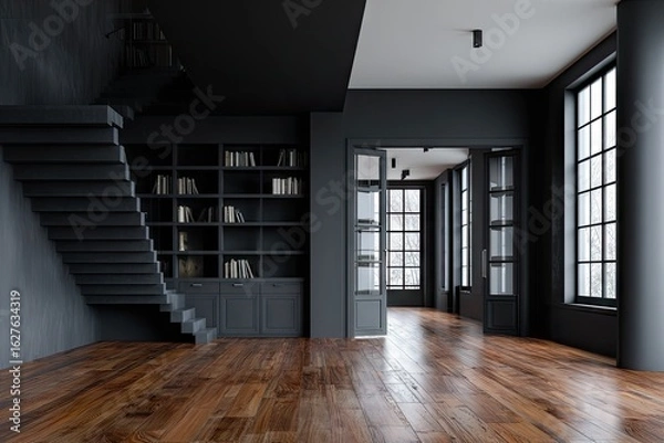 Fototapeta Dark, modern library interior with wooden floors and a unique staircase.