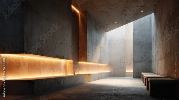 Fototapeta Sunlit concrete corridor with minimalist benches and warm lighting