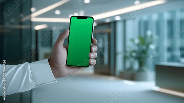 Fototapeta Hand Holding Modern Smartphone with Blank Green Screen in Blurred Office Environment
