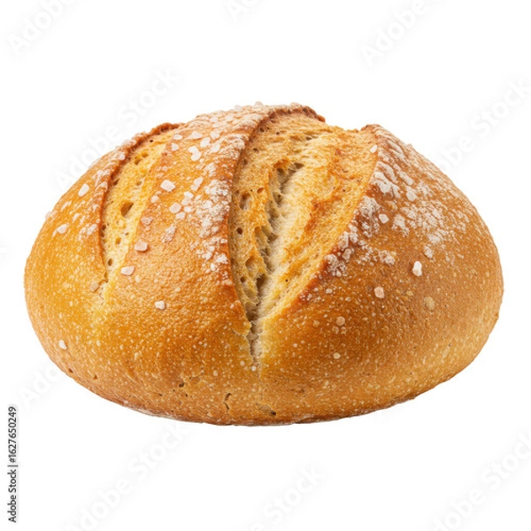 Fototapeta Golden crusty round loaf of sourdough bread dusted with flour — ideal for bakery, food styling, or homemade baking visuals.

