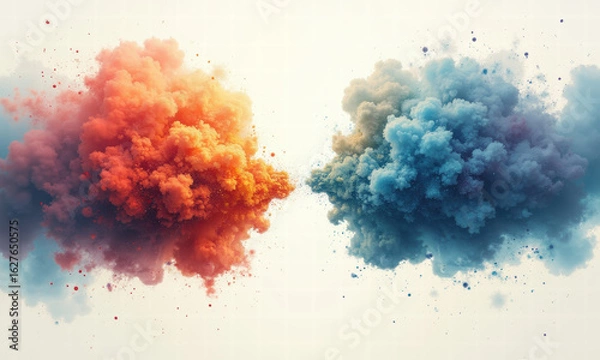Fototapeta Exploding Orange and Blue Powder Clouds Against White Background