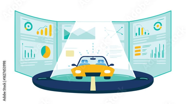 Fototapeta Yellow car on a platform with data charts displayed on screens in the background showcasing information