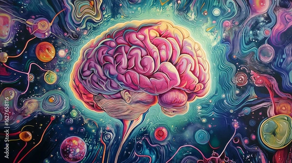 Fototapeta illustration of the human brain surrounded by swirling patterns representing different mental states.