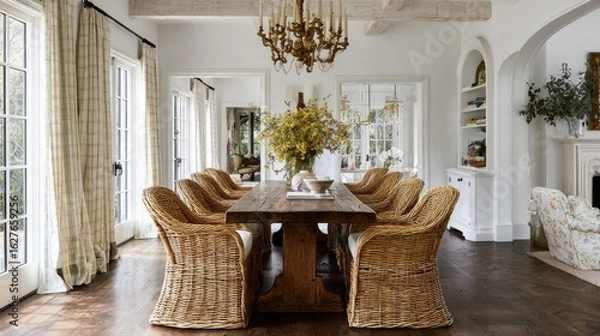 Fototapeta A spacious, light-filled dining room with a large wooden table and wicker chairs.