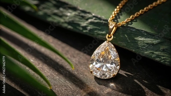 Obraz Elegant pear shaped diamond pendant necklace on gold chain