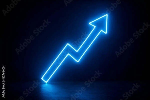 Fototapeta Glowing neon arrow pointing upwards on a dark background, symbolizing growth and success