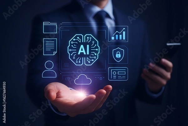 Fototapeta Businessman hand showing virtual artificial intelligence icons with glowing ai brain, cloud storage, data analysis and security interface