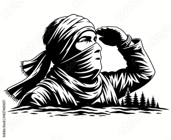 Fototapeta vector style black white stencil drawing of a silhouette of a man wearing a scarf over his face, protest, protester, protestor, anarchy, rebel, fight, fighter, justice, warrior, strength, activist