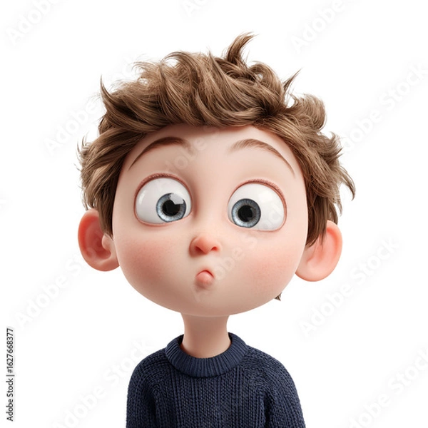 Fototapeta Cartoon boy with curious expression and pursed mouth, isolated on transparent background