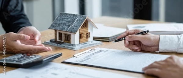 Fototapeta The model house representing real estate negotiations for property transactions.