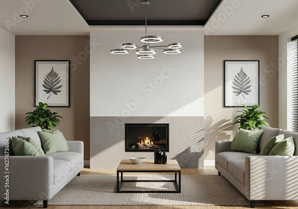 Fototapeta Modern Living Room Interior Design with Fireplace and Sofas