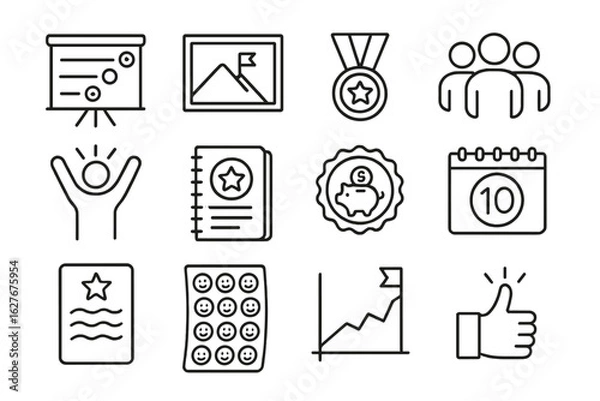 Fototapeta Financial Goal Icons. Line style icons of financial goal motivation: progress tracker board, visual goal chart, reward for