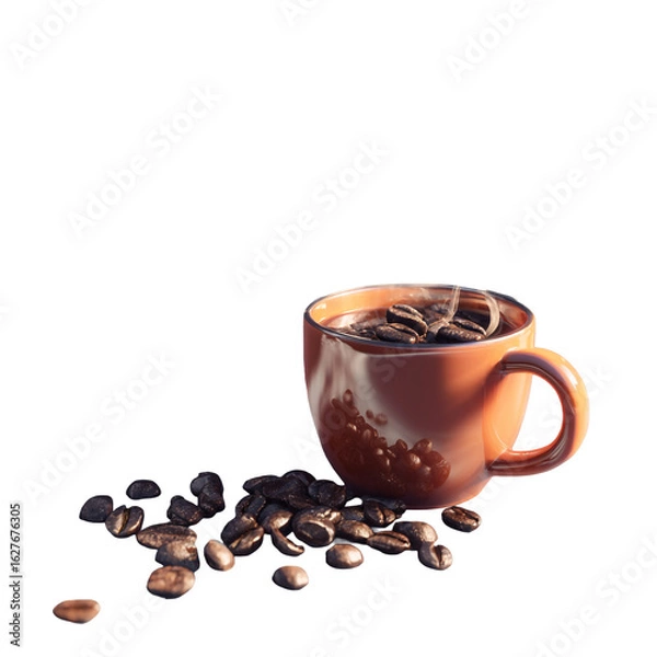 Fototapeta Hot coffee in a mug with roasted coffee beans scattered around isolated on transparent background