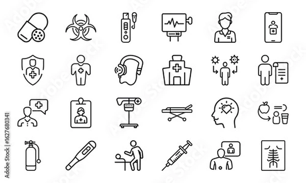 Obraz Healthcare and Medical Line Icon Pack – Virus Test, Nurse, Health Report, Mobile Medicine App, Injection, Thermometer, Mental Health, Health Law, and Emergency Equipment Symbols

