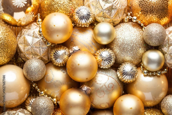 Fototapeta Christmas Holiday background with shiny golden balls.
Close up of pile golden Christmas decorations different sizes, shades and textures.  Flat lay
