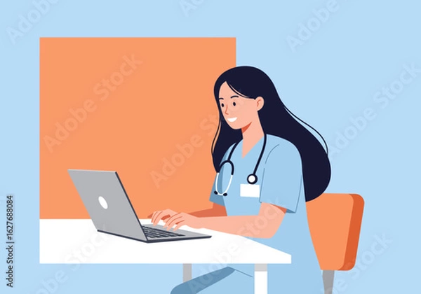 Fototapeta Smiling Nurse Working on Laptop at Desk with Stethoscope