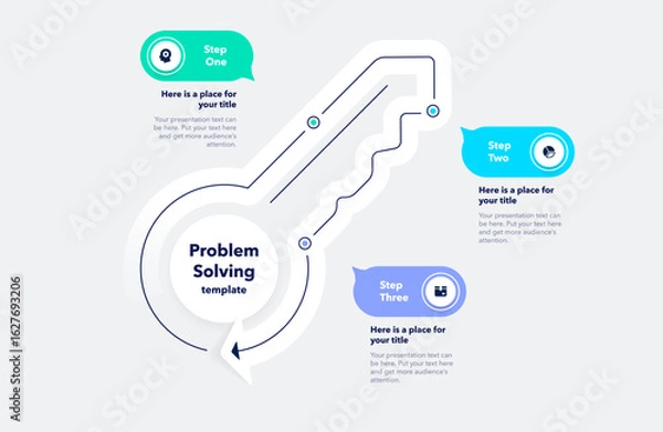 Obraz Problem solving process infographic template with three options or steps and a key as a main symbol. Simple flat diagram for project data visualization.