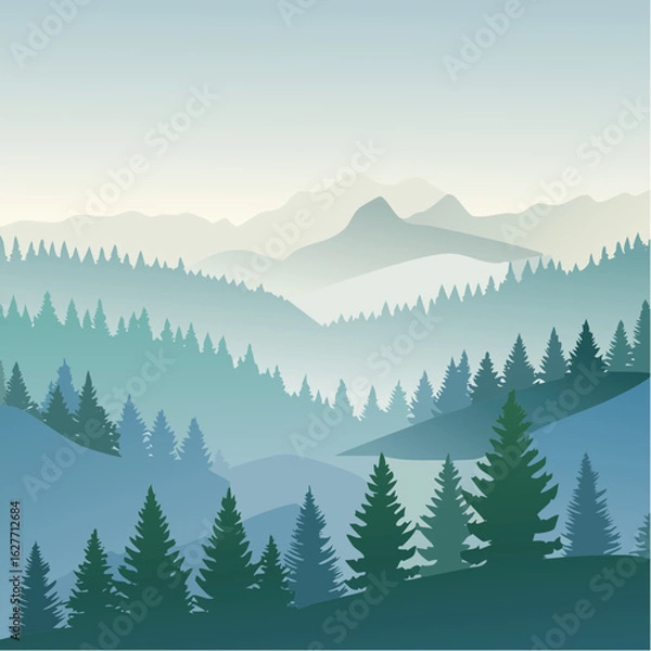 Fototapeta Misty landscape vector illustration with fir forest