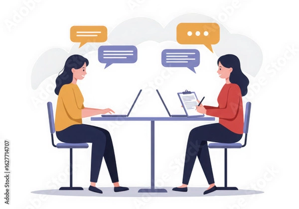 Fototapeta Ai generated image of two women collaborating and communicating at a table with laptops isolated on transparent background