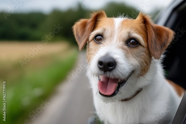 Fototapeta Happy dog enjoying car ride on a sunny day through the countryside