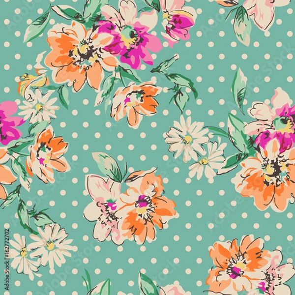 Fototapeta retro hand drawn flowers over polka dot background - seamless background