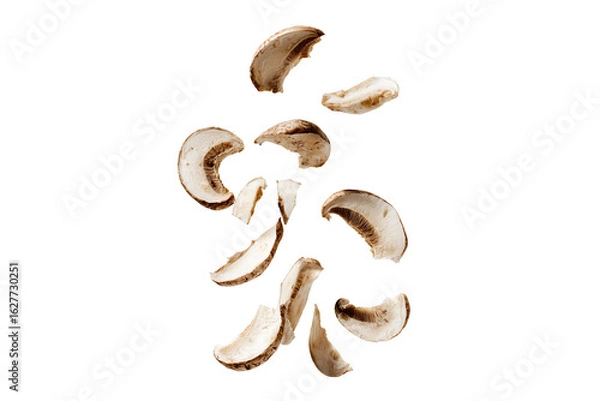 Fototapeta Falling sliced mushrooms on black background, isolated and levitating.