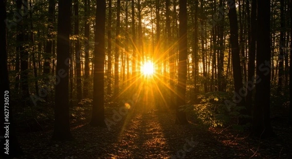 Fototapeta Golden Sunset Rays in Dark Forest Path