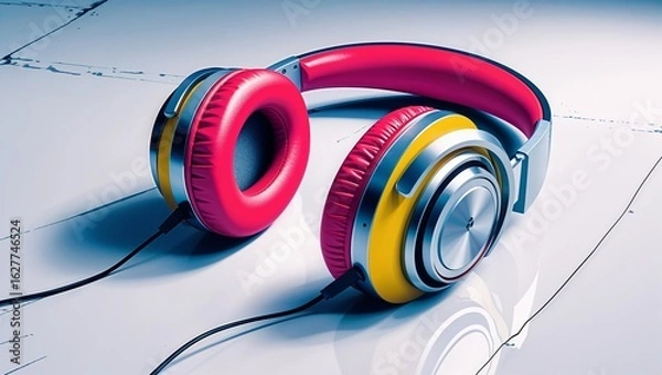 Fototapeta 音楽制作やDJに最適なポップでカラフルなプロフェッショナルモニターヘッドホンのイラスト  