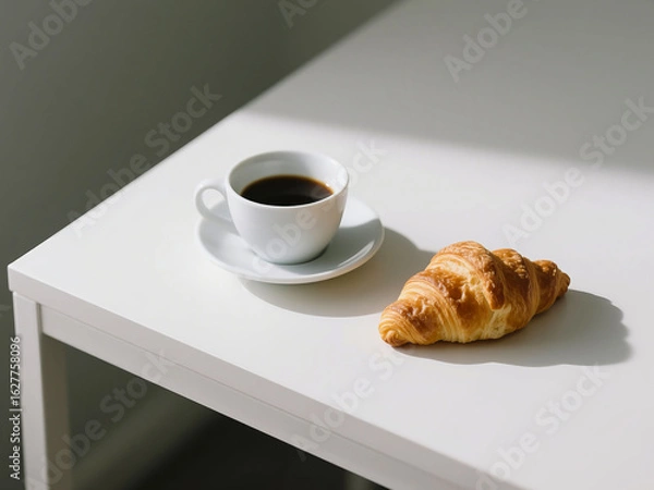 Obraz A minimalist flatlay composition featuring a white ceramic cup of black coffee and a freshly baked croissant on a clean white table. The soft morning light and long shadows create a calm, cozy