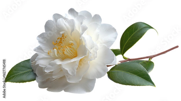 Obraz A delicate white camellia flower with lush green leaves showcasing its intricate petals and vibrant stamens.
