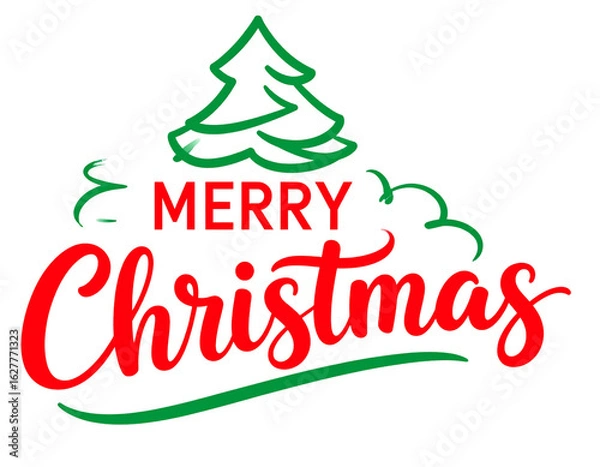 Fototapeta Minimalist Script Merry Christmas T-Shirt Graphic in Red and Green with Tiny Tree Icon, isolated on transparent background PNG