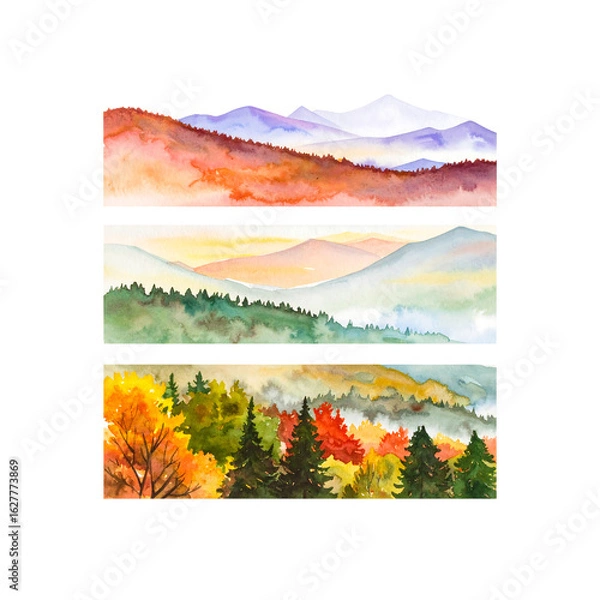 Obraz Colorful Watercolor Mountain Landscapes, Fall Foliage Nature Scenes on transparent background
