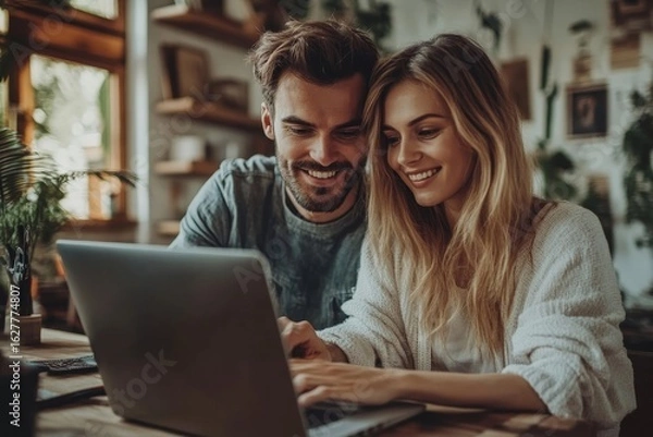 Fototapeta Young couple working in a carpenter's workshop with a laptop, combining traditional craftsmanship with modern technology for their projects, Generative AI