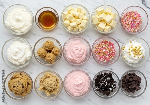 Fototapeta Variety of ice cream toppings and mix ins in glass bowls